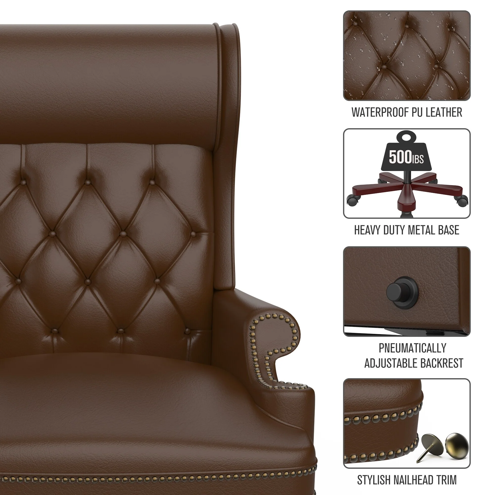 Brown Ergonomic PU Leather Swivel Office Recliner with Footrest, Button-tufted Backrest, Nailhead Decoration