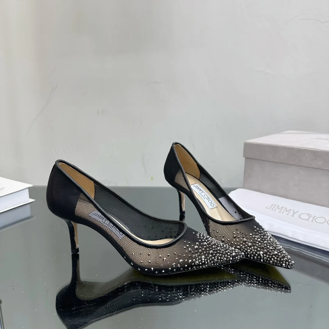 Jimmy Choo Black Mesh Pointed Stiletto Heels  Slide Sandal
