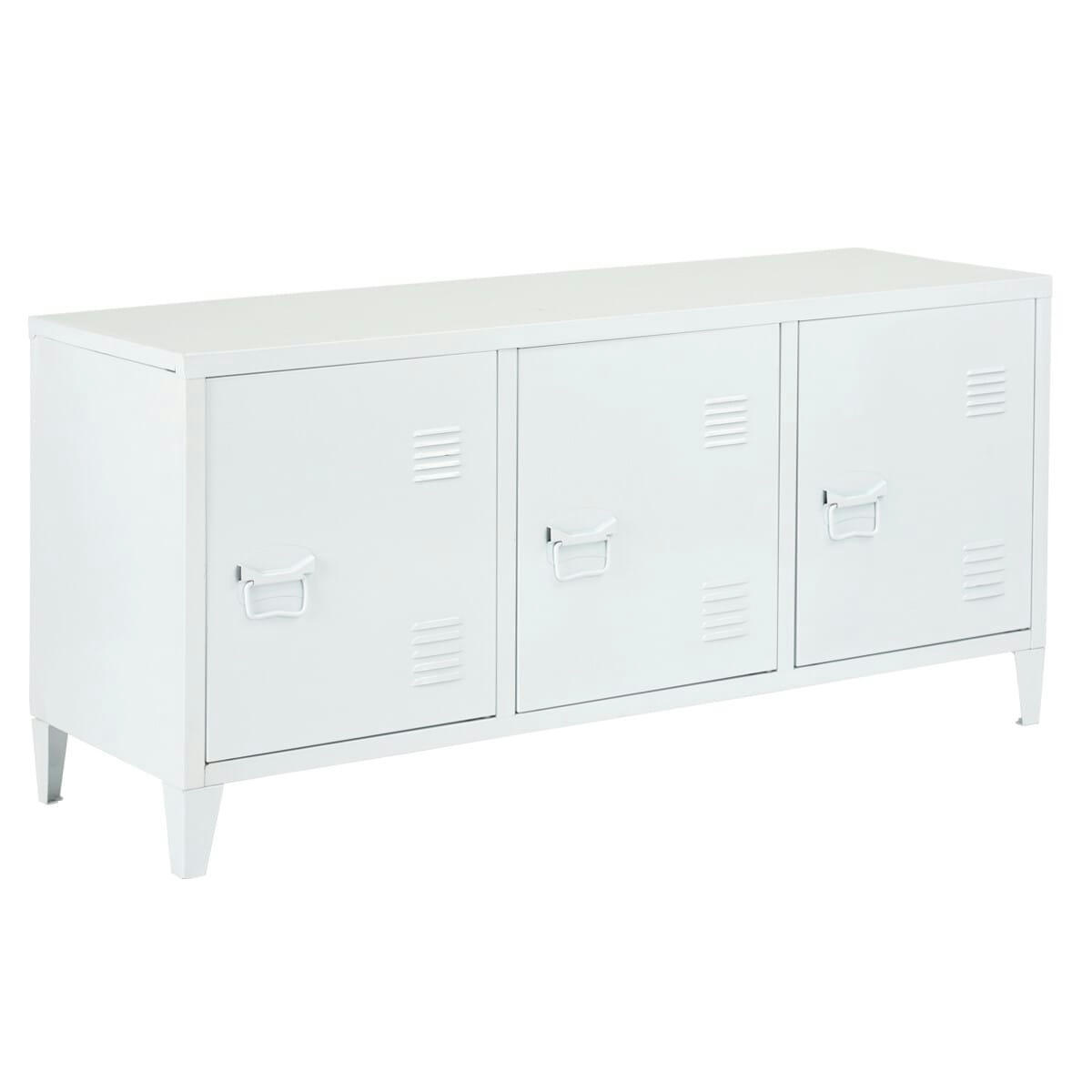 - Meuble TV métallique industriel avec rangement 3 portes blanc mat