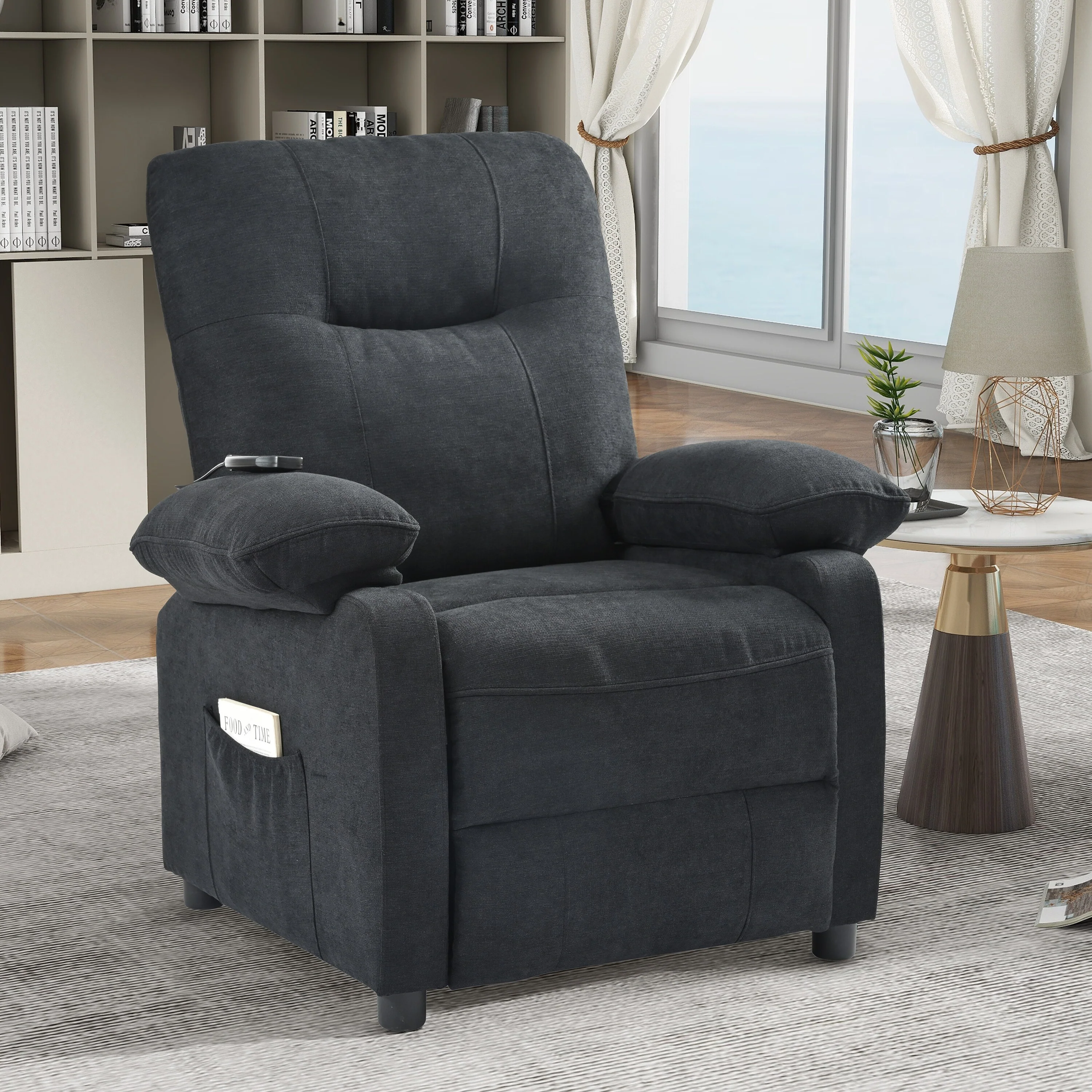 Black Upholstered Manual Recliner with Massage, Lumbar Heating, Pillow Top Arms, Side Pockets