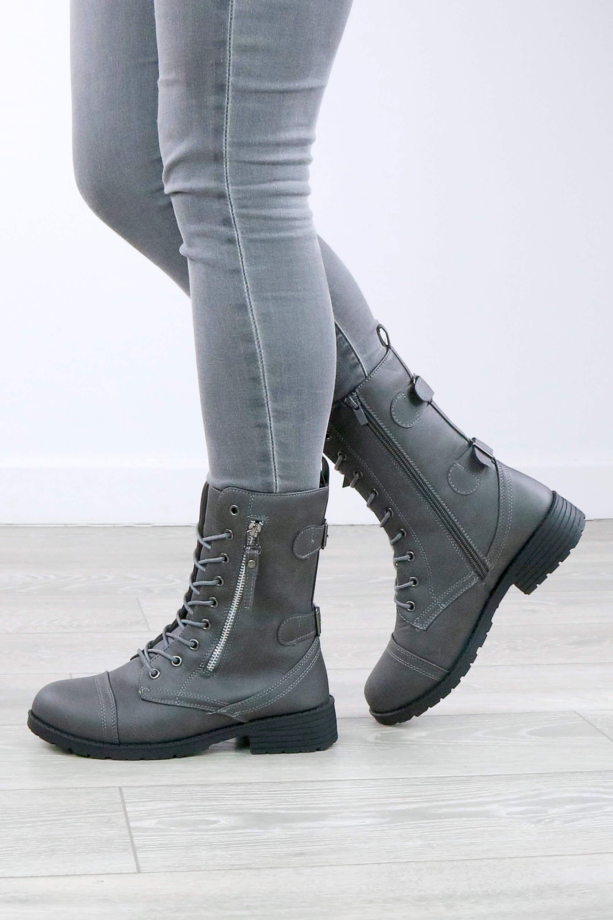 AJVANI Low Heel Zip Military Ankle Biker Boots
