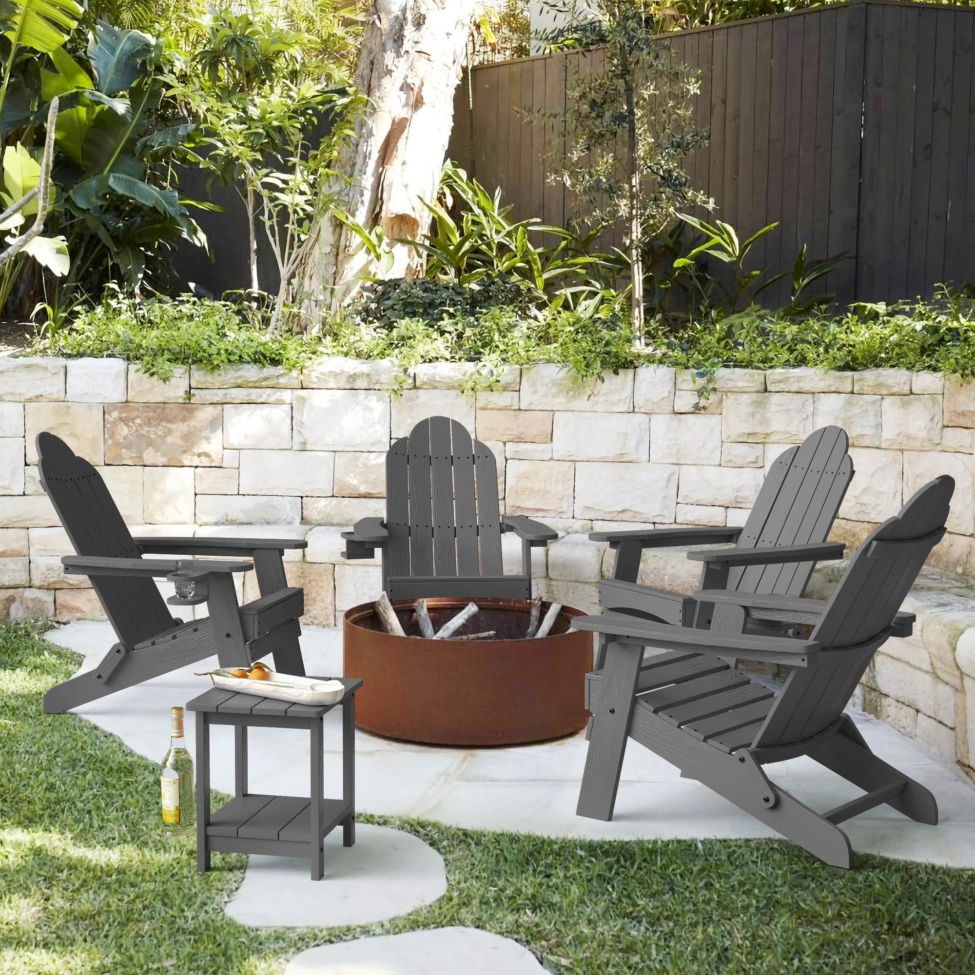 LUE BONA Folding Weather Resistant Outdoor Plastic Set of 4 Adirondack Chairs with Cup Holder