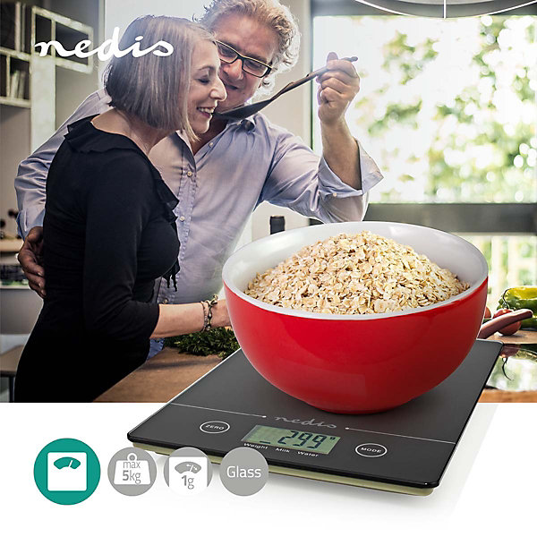 Balance de Cuisine Electronique Verre Trempé Poids Maximum 5 Kilos NEDIS