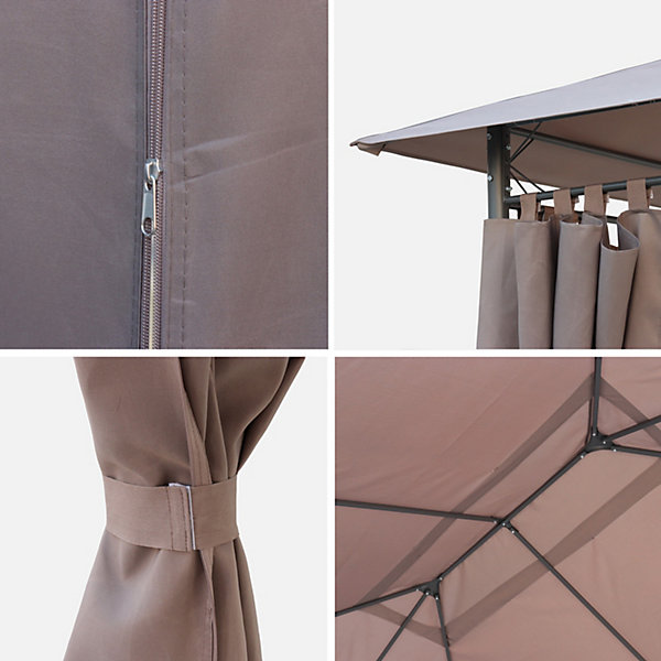 Ensemble complet toile de toit et rideaux taupe pour tonnelle 3x4m Divio - toile de rechange pergola. toile de remplacement