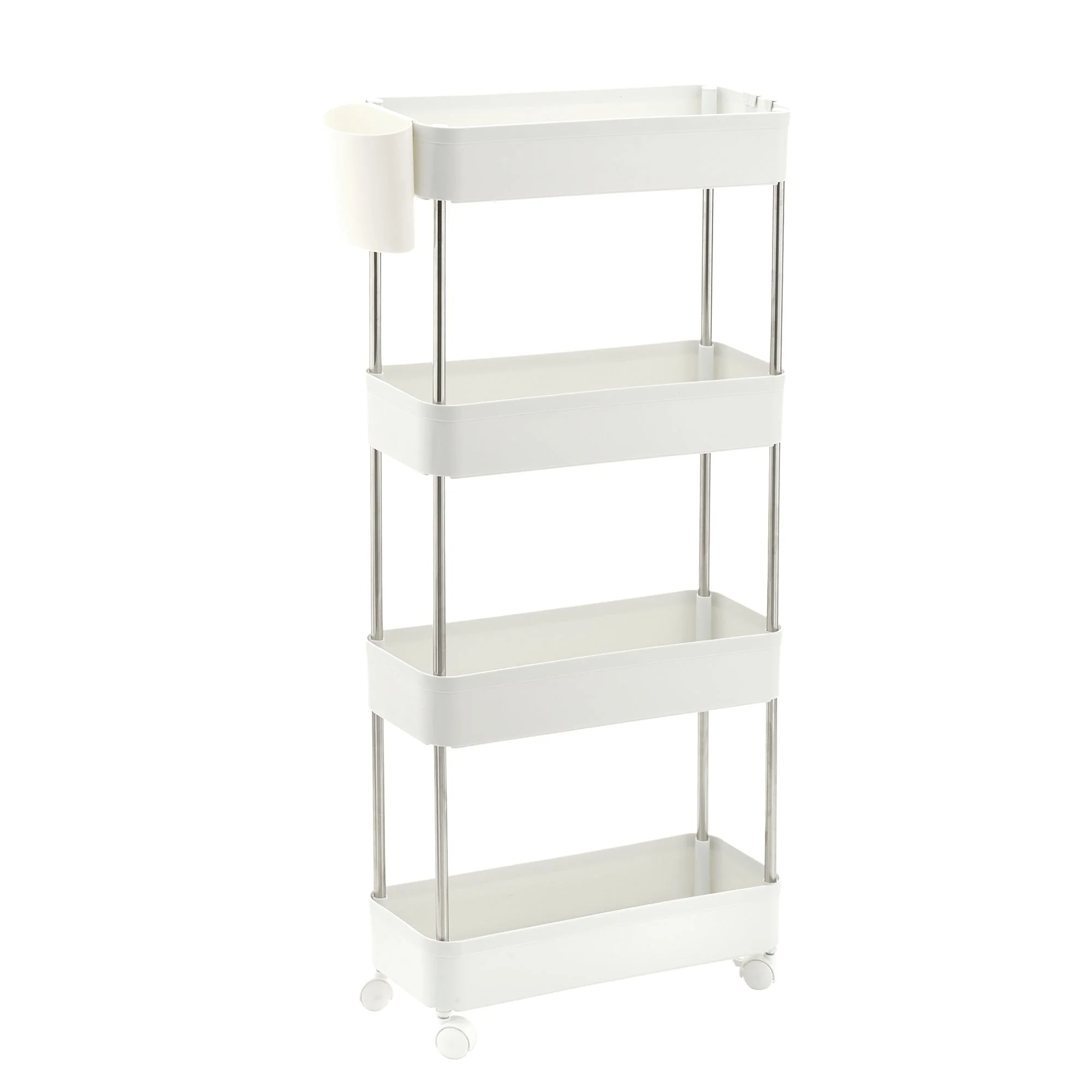 4-Tier Plastic Rolling Utility Cart, Multi-Functional Storage Trolley, Movable Storage Organizer with Wheels & Hanging Cups