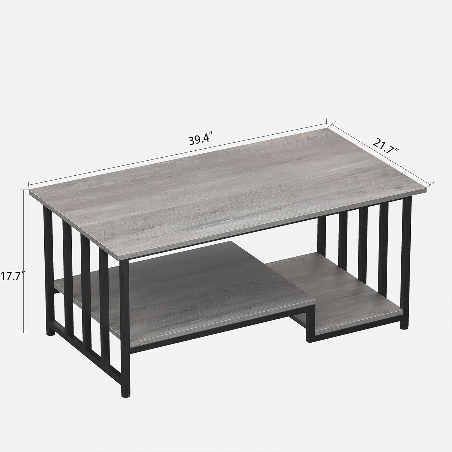 Coffee Table, 39 Inch 2-Tier Farmhouse Rustic Coffee Table with Storage, Modern Rectangle Wooden Center Table, for Living Room, Small Space, Easy Assembly, Wash Gray