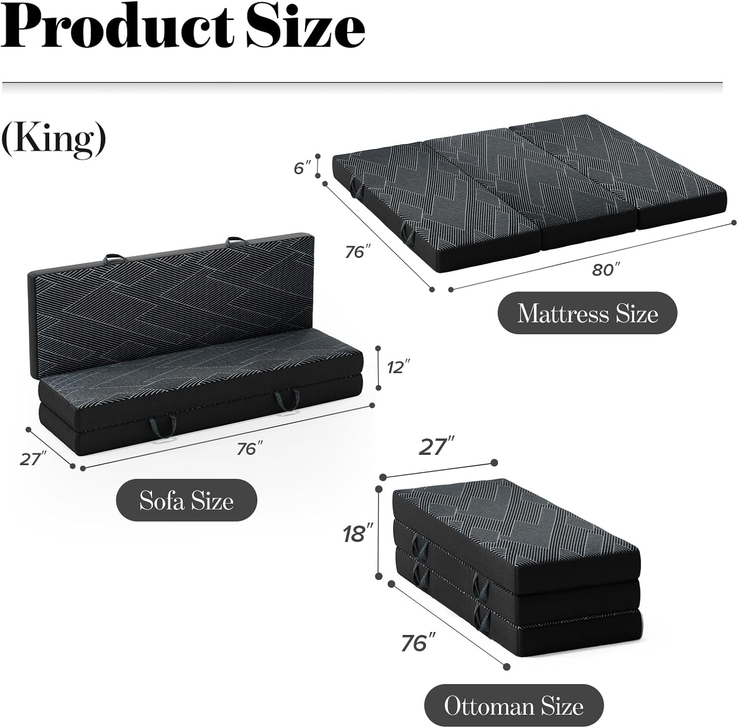 Tri Folding Mattress King Size - Foldable Mattress Trifold Memory Foam Mat with Washable Cover, Handle & Non-Slip Bottom Portable Foldable Floor Sofa Bed for Travel Camping Guest - 6 Inch, 80x76x6