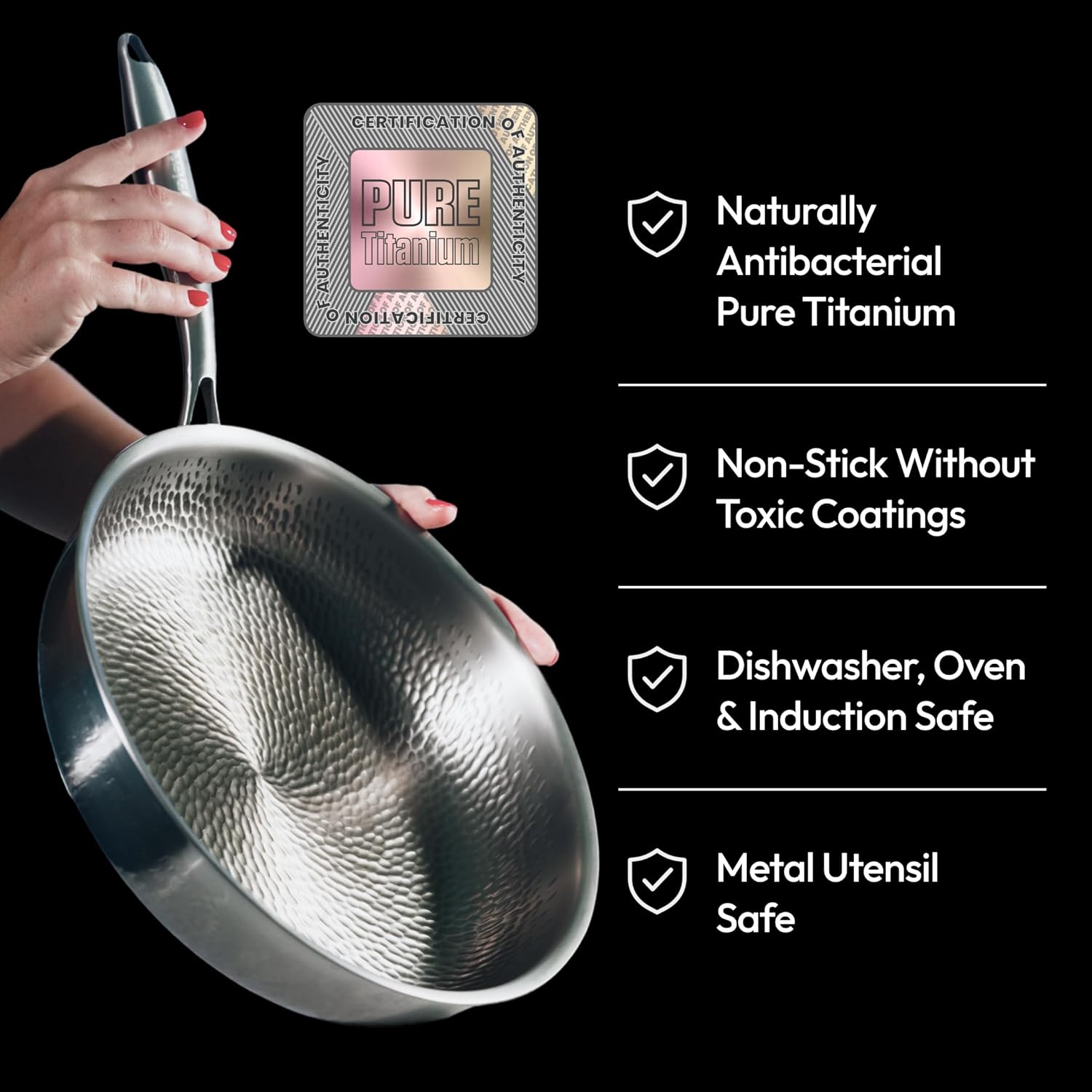 Plateful Titanium Pan For Cooking 12 - Pure, No Coating Non-Stick Titanium Cookware, Frying Pans, Hammered Pan, Safe For Oven, Induction & Cooktops Up To 750°F, Includes Lid