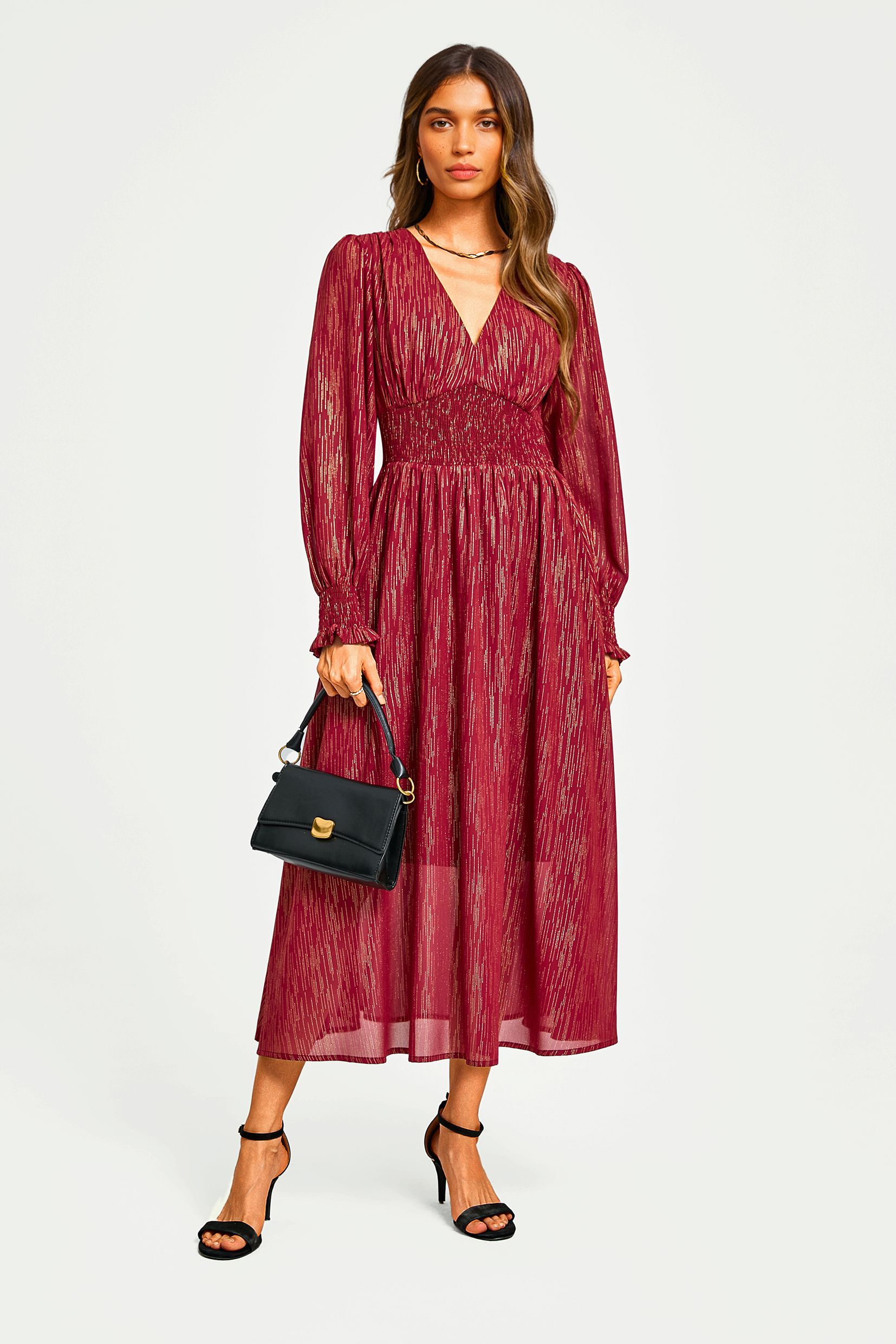 FS Collection Gold Stripe Foil V-Neckline Long Sleeve Dress In Wine