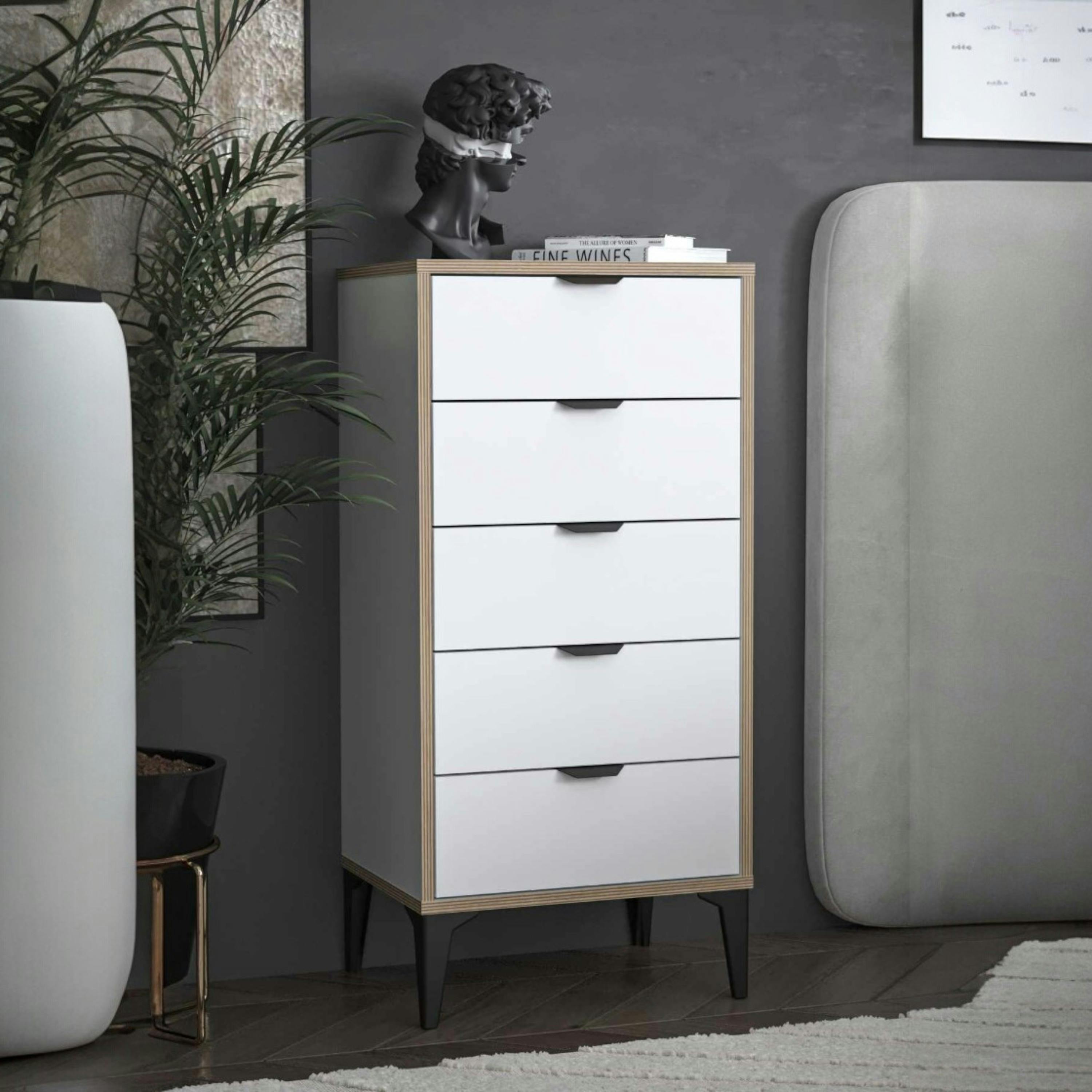 Commode étroite blanche 5 tiroirs BYRON