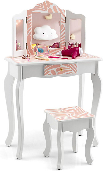 Ensemble de Coiffeuse et Tabouret pour Enfants Miroir Rabattable Tiroir Unique