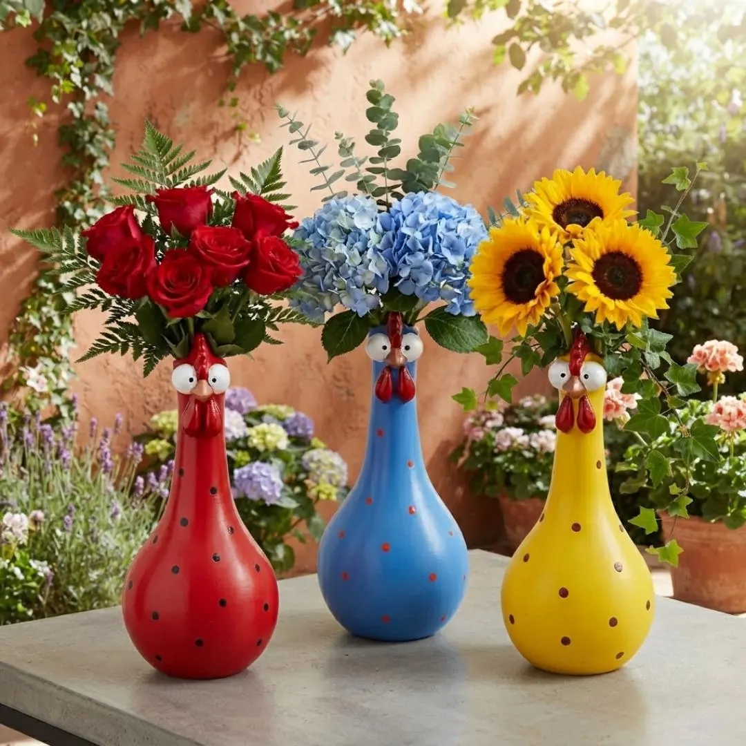 Rooster Flower Vase, Colorful Resin Bird Decor, Farmhouse Table Accent, Rustic Home Vase