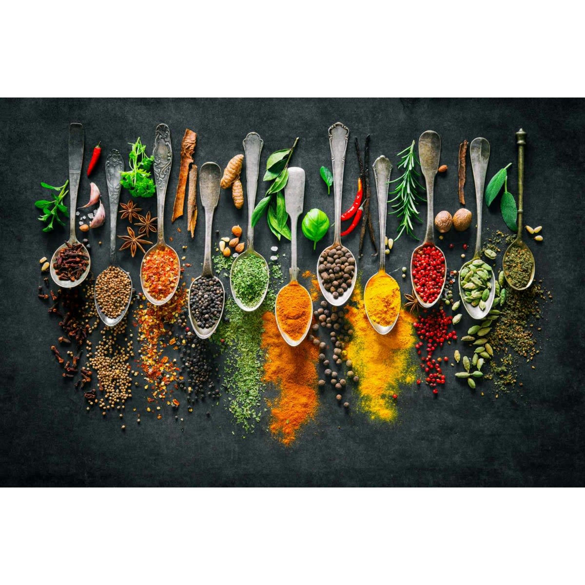 CUISINE - Tableau sur verre synthétique cuillières d'épices 65x97 cm