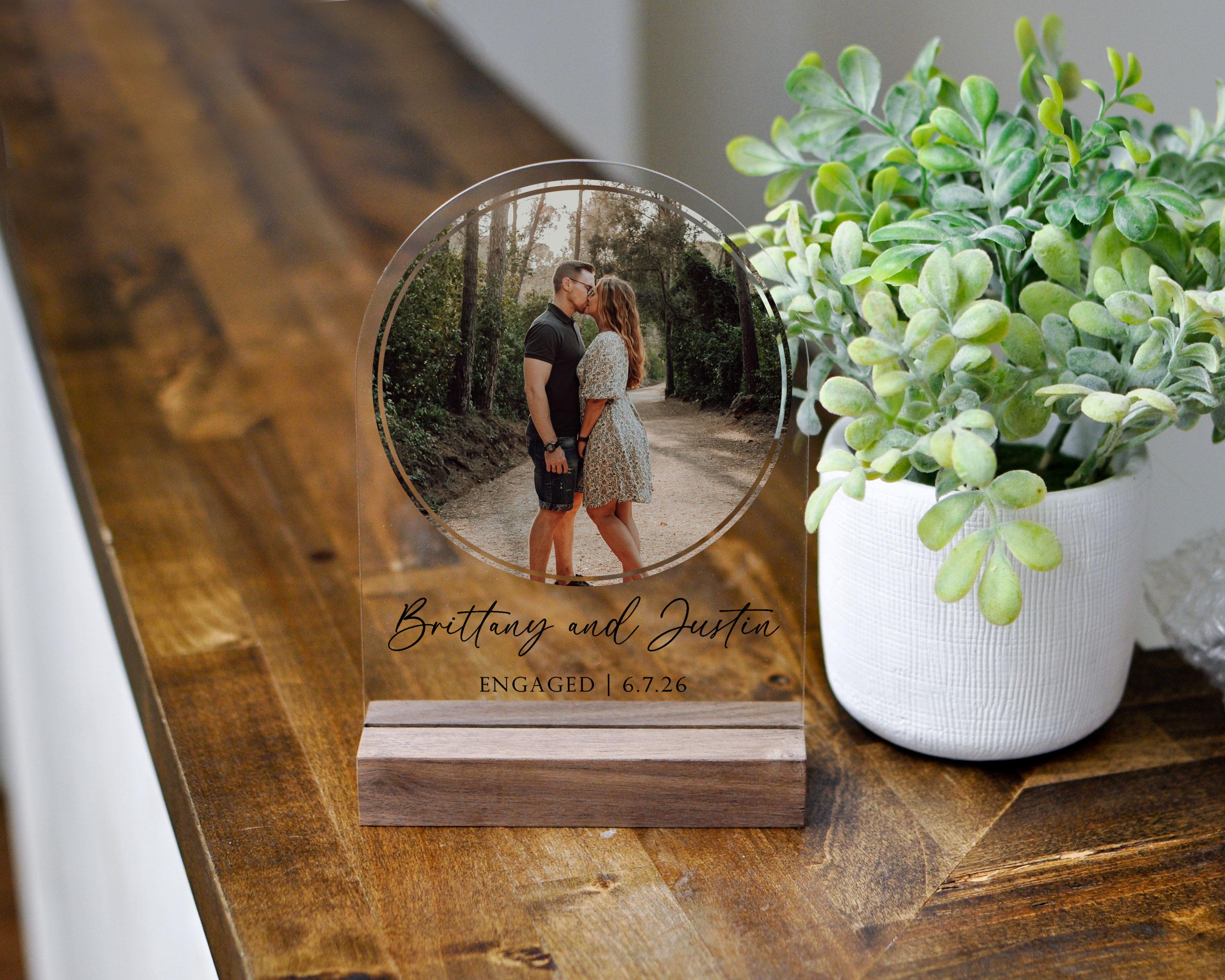 Custom Acrylic Arched Photo Print with Walnut Base: Personalized Couple Names & Engagement Date