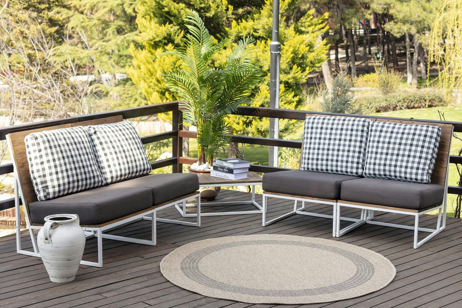 RHONDA - Tapis Rond Extérieur Effet Jute Sable/Noir Ø 100