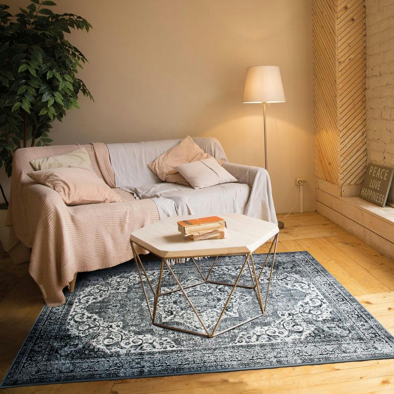 VISCOSE - Tapis en viscose médaillon gris foncé 120x160