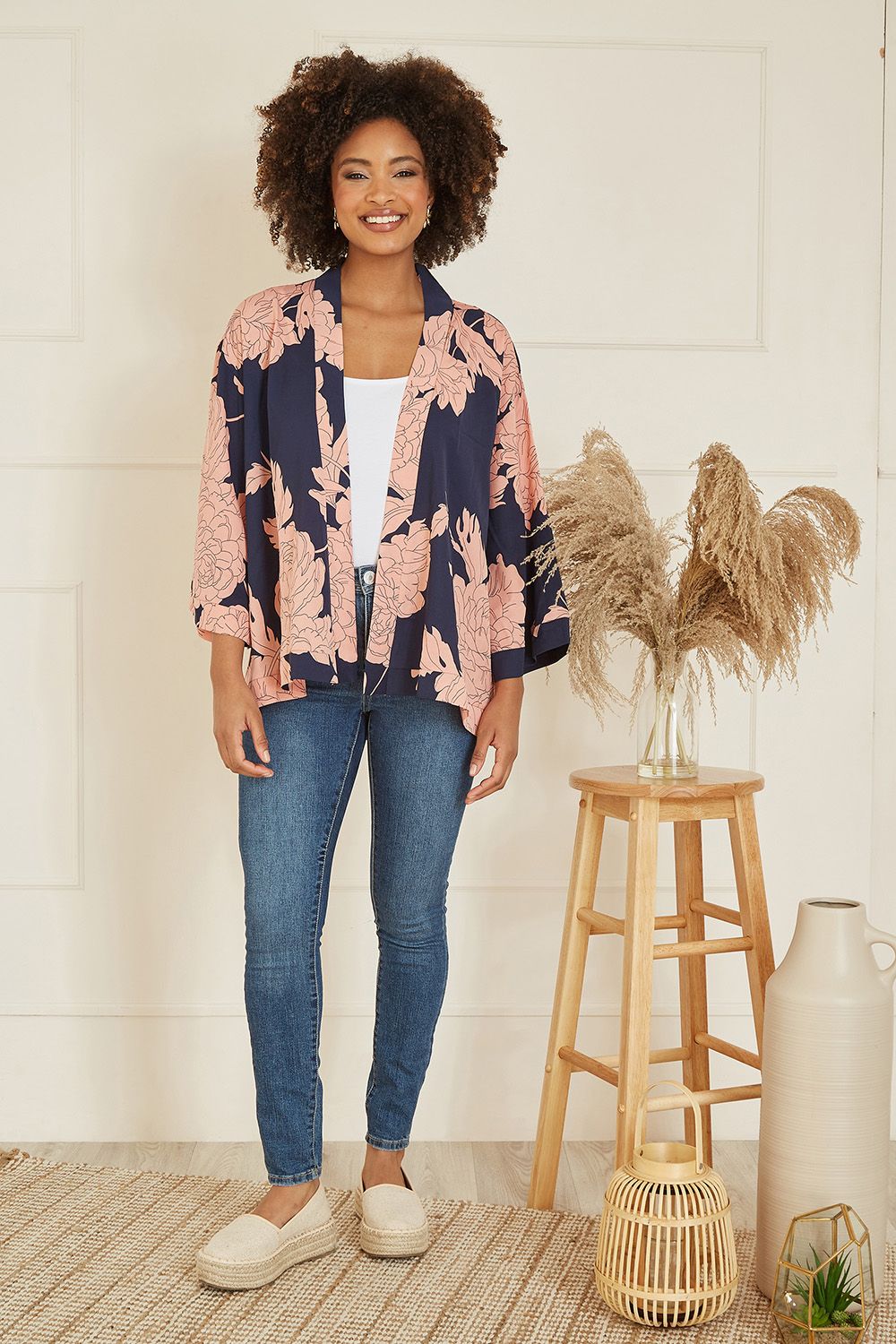 Yumi Navy Blossom Print Kimono
