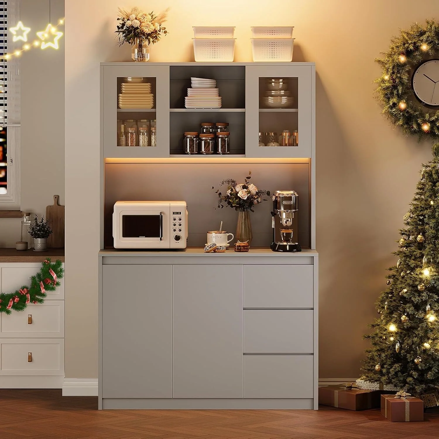 71 Tall Pantry Cabinet with Charging Station and Led Lights, Kitchen Hutch with Microwave Stand for Dining Room, Living Room