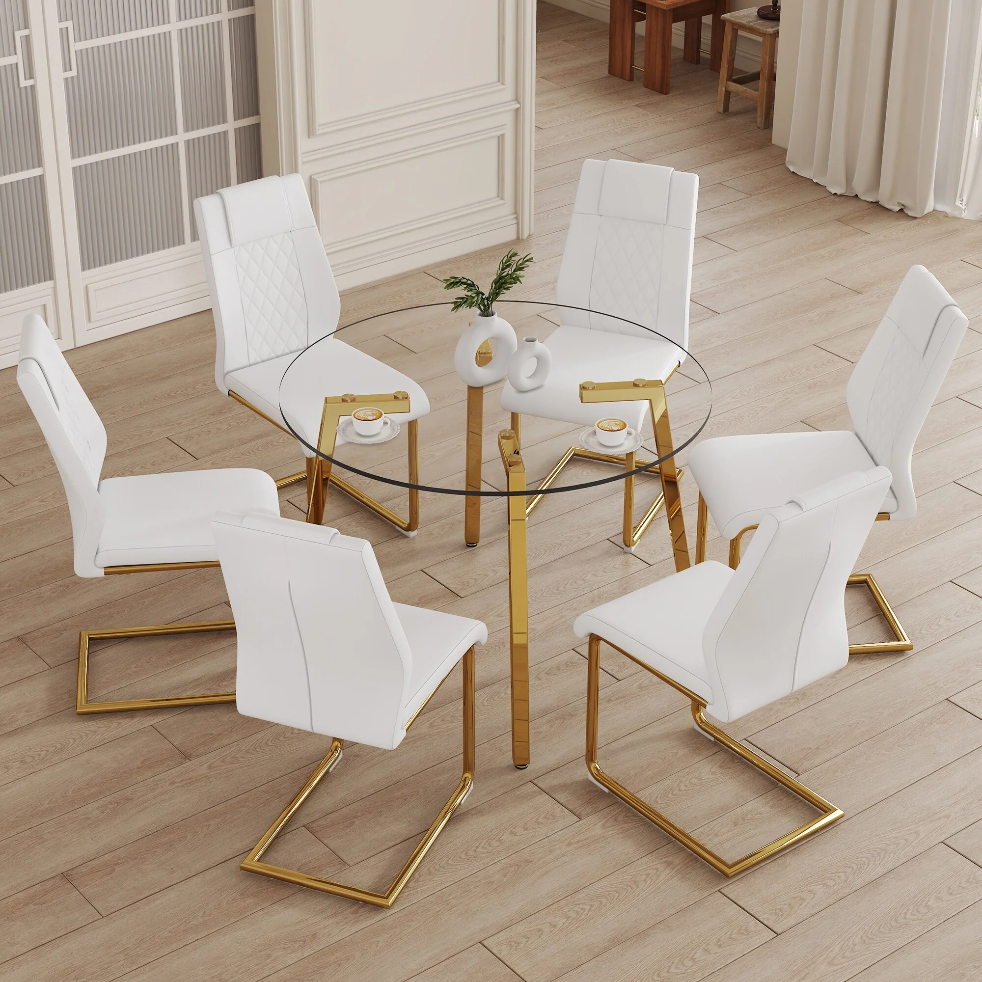 Modern Style Dining Set with Round Clear Tempered Glass Table and PU Leather High Back Upholstered Dining Chairs