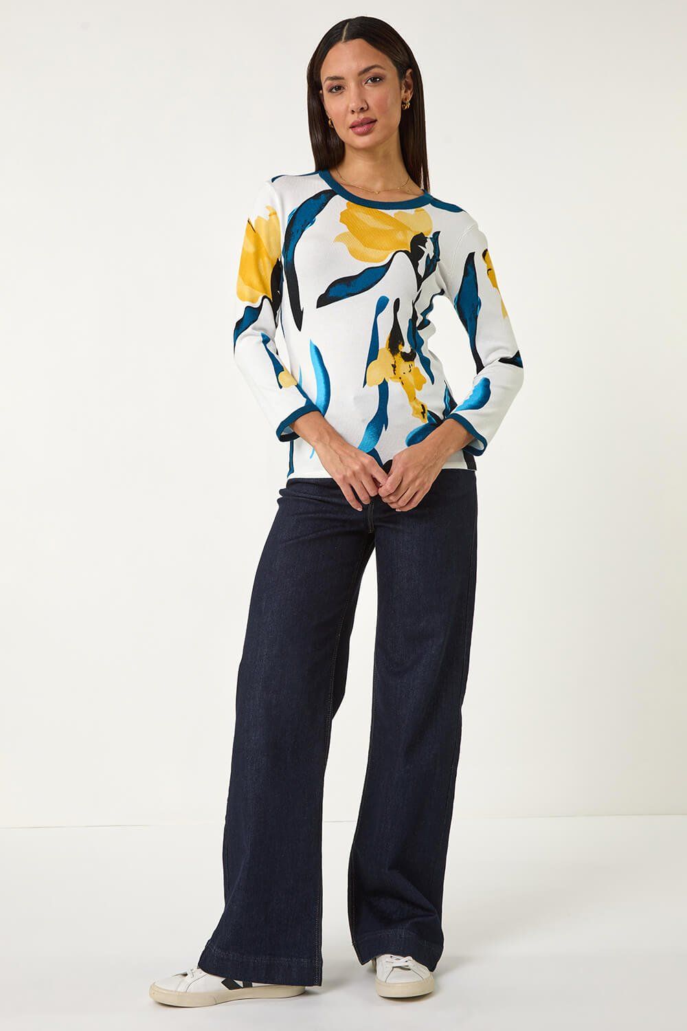 Roman Floral Print 3/4 Sleeve Knit Jumper