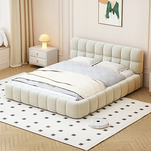 Lit adulte 160 x 200,lit au sol, lit bas,avec tête de lit et dossier souple,sommier à lattes,scandinave moderne,lin,Beige