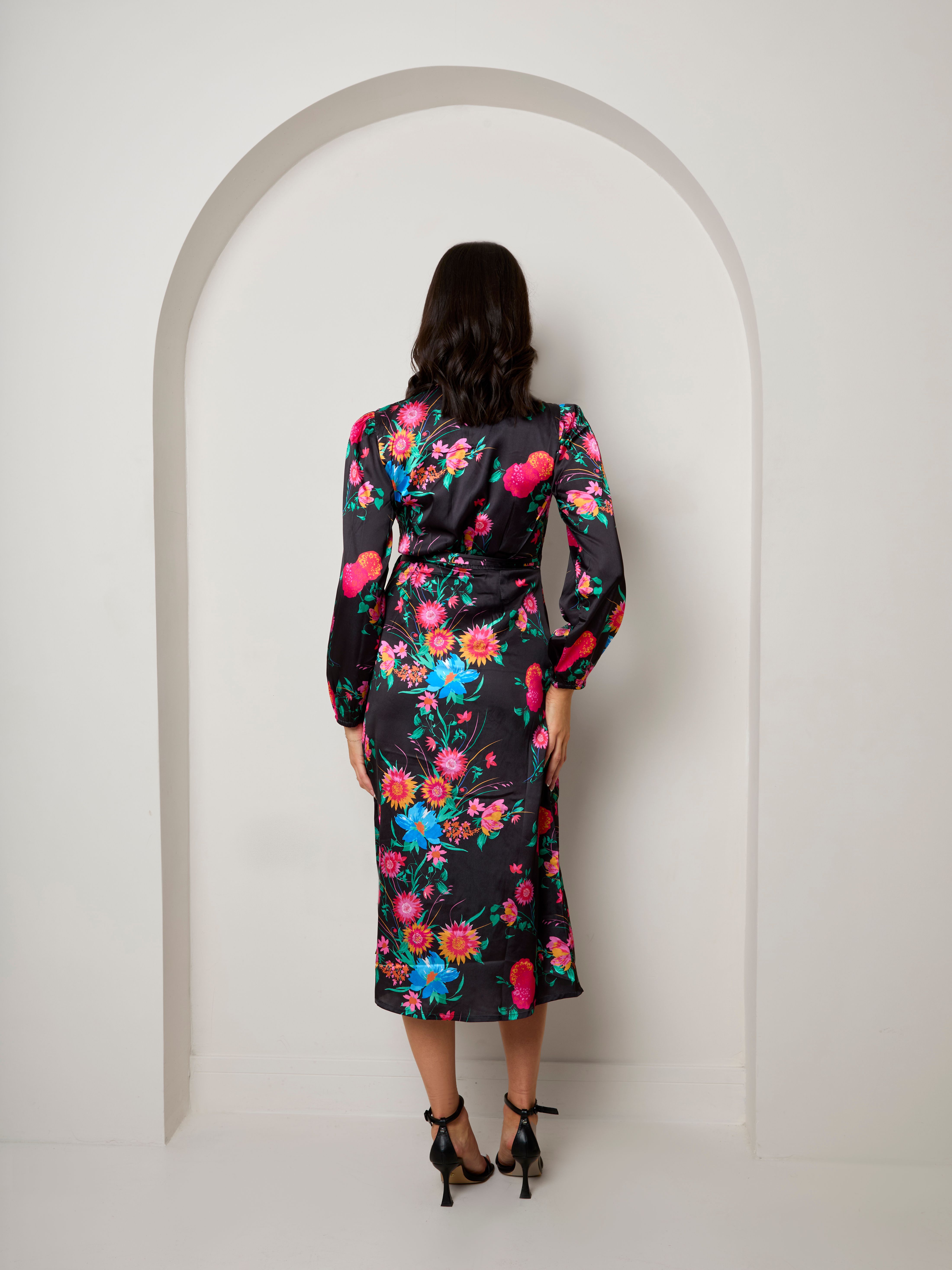 Chi Chi London Plus Size Long Sleeve Floral Wrap Dress in Blac