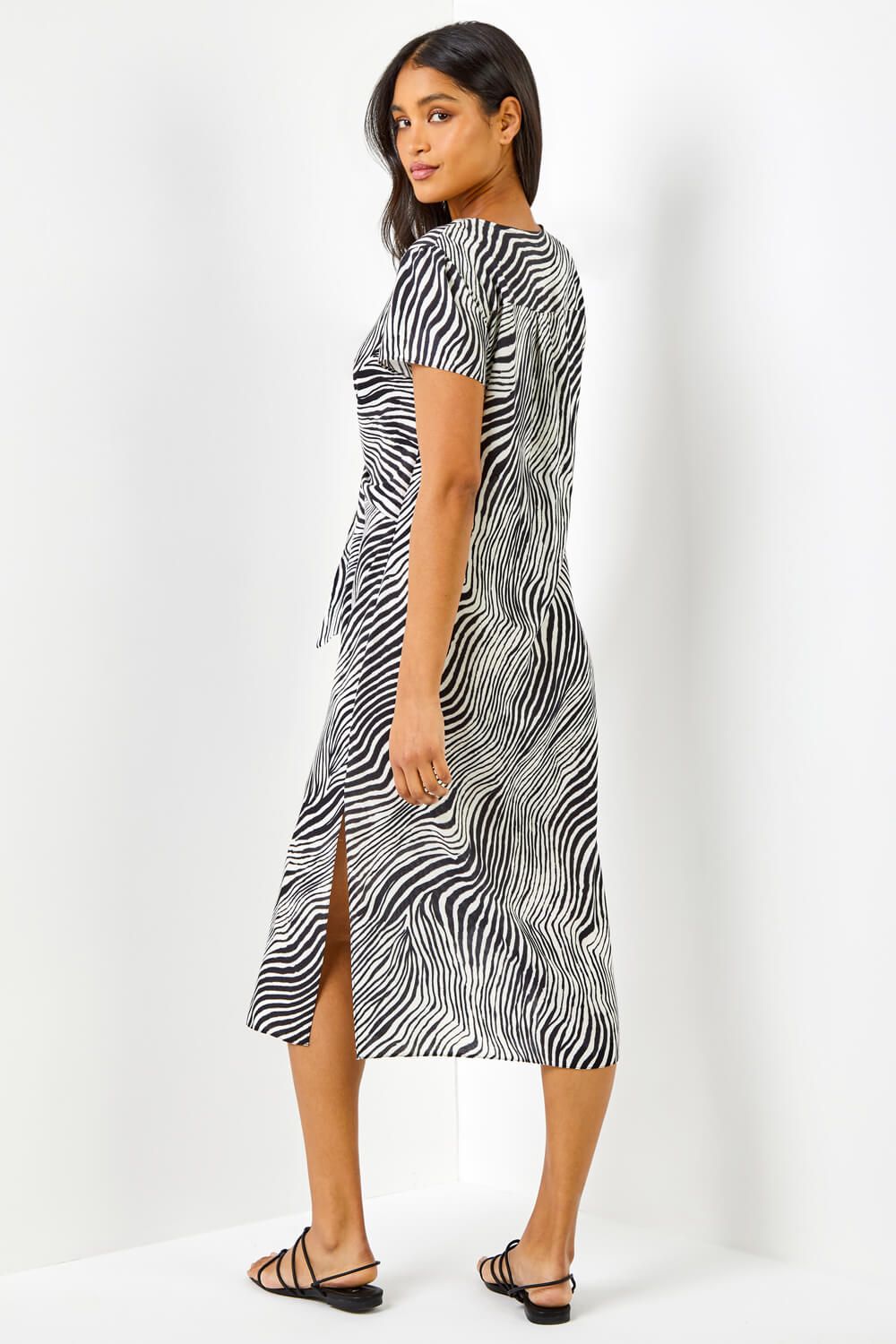 Roman Abstract Wave Print Tie Knot Detail Dress