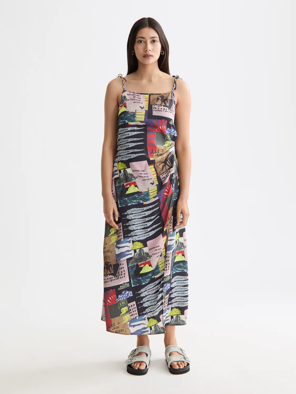 Midi Slip Dress With Tied Straps And Draped Waist