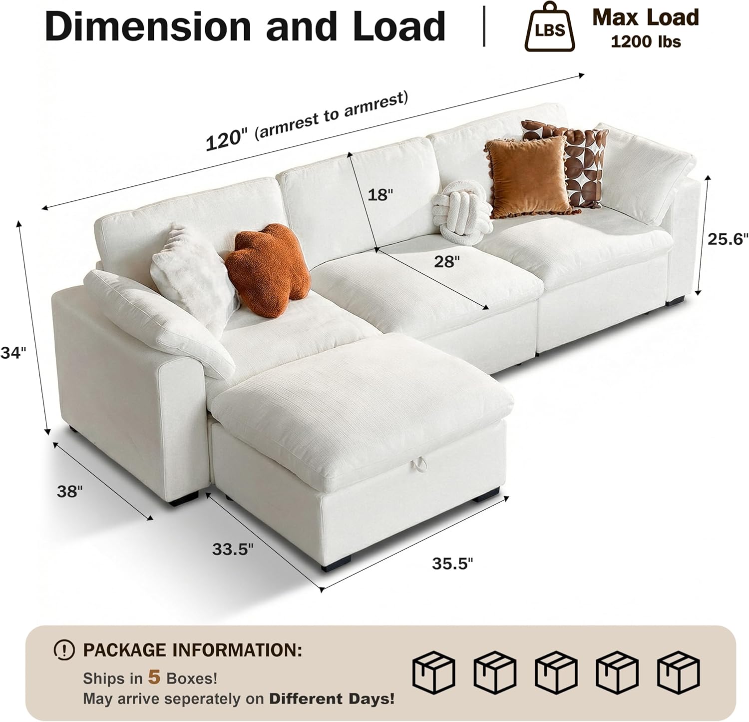 WEUP 120 Oversized Cloud Modular Sectional Sofa for Living Room, L Shaped Cloud Couch with Storage Ottoman, Down-Filled Wide Deep Seat, Solid Wood Frame, Tool Free Assembly, Beige