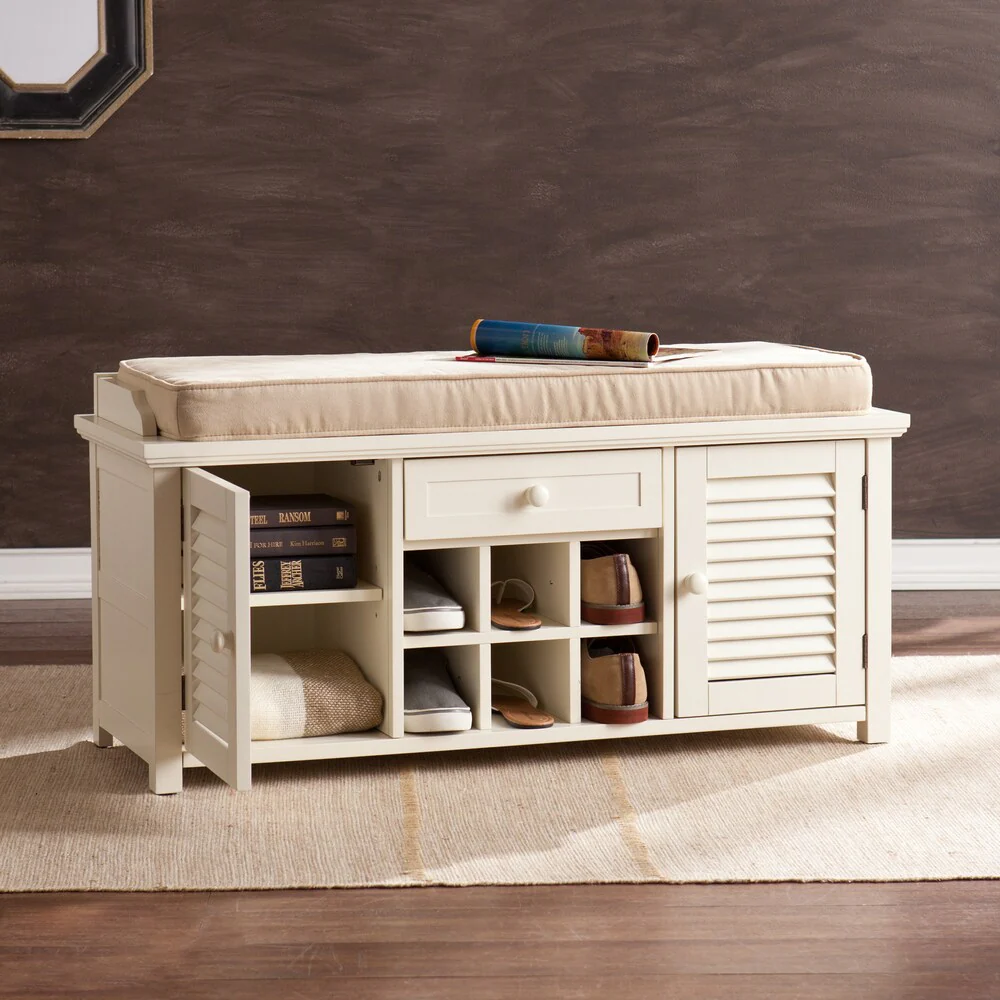 SEI Furniture Aldon Antique White Shoe Storage Bench
