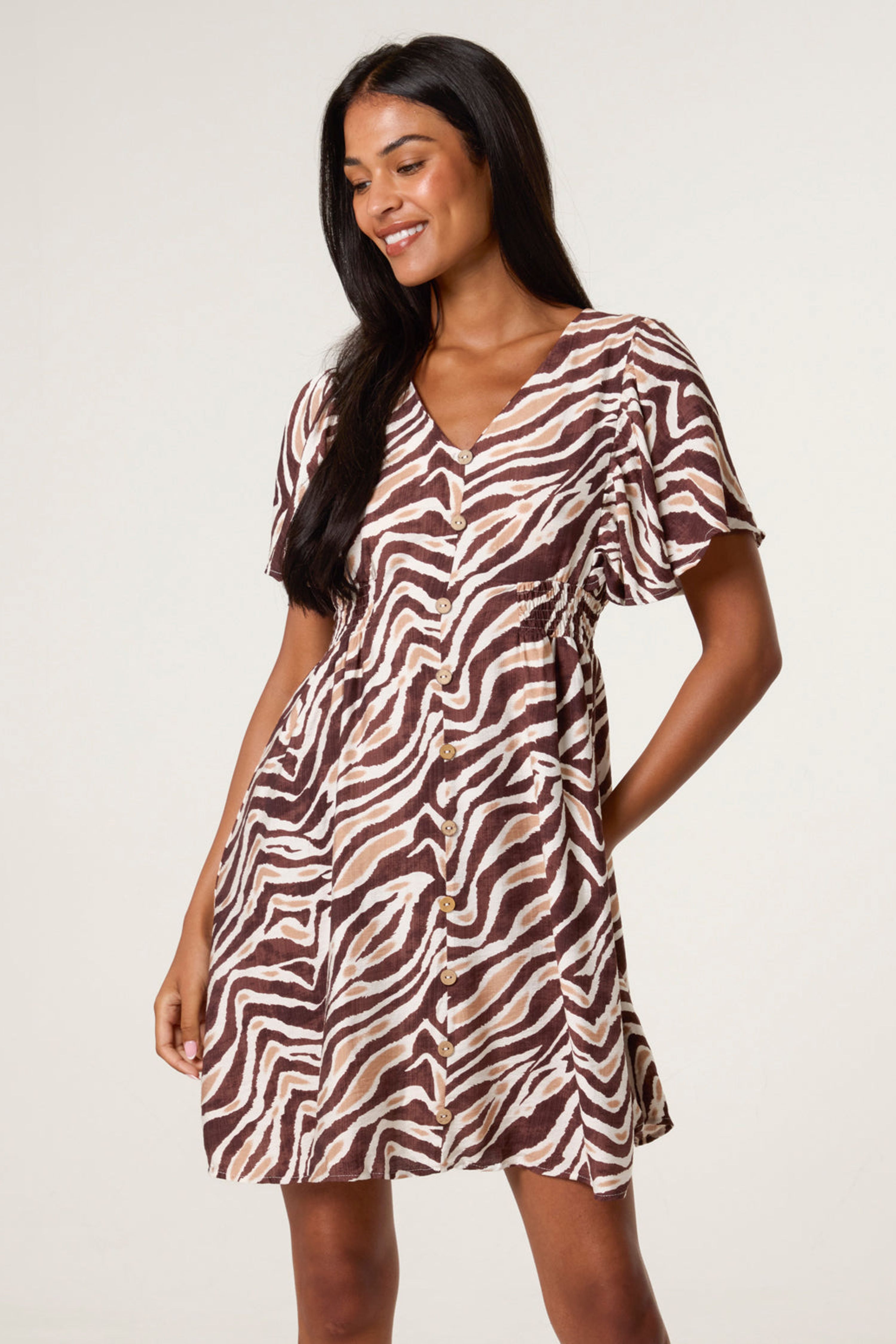 Blue Vanilla Brown Button Front Shirred Waist Mini Dress