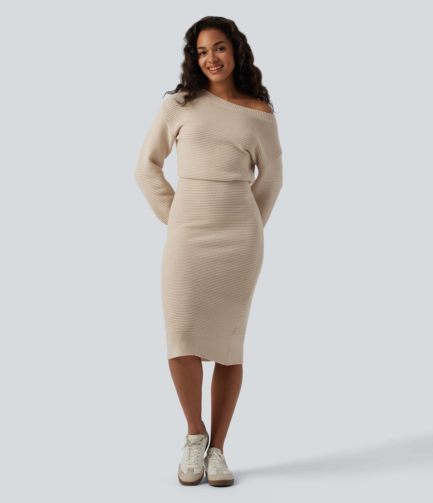 Robe pull midi casual asymétrique une épaule à manches longues