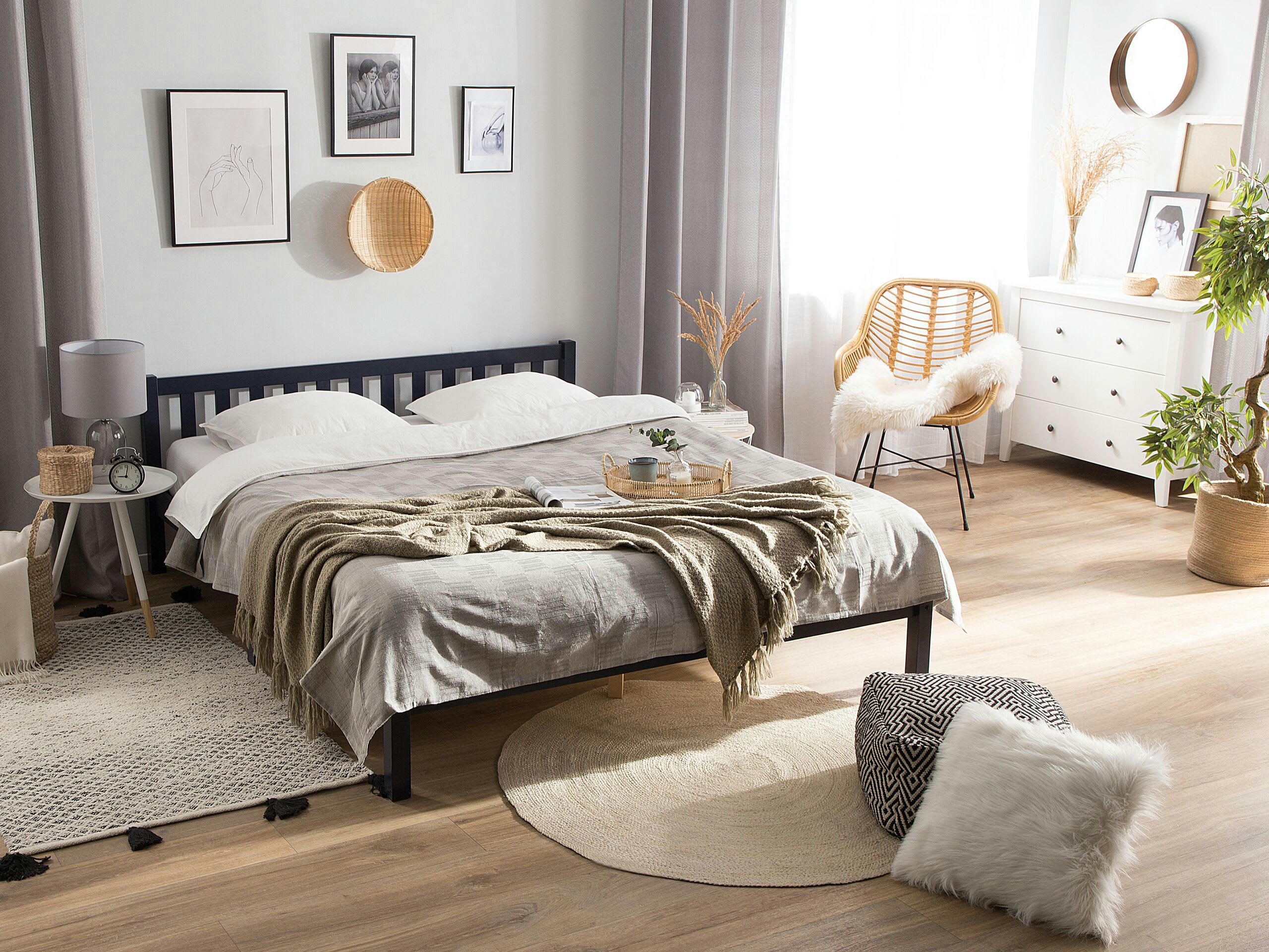 FLORAC - Lit double en bois solide bleu 140x200
