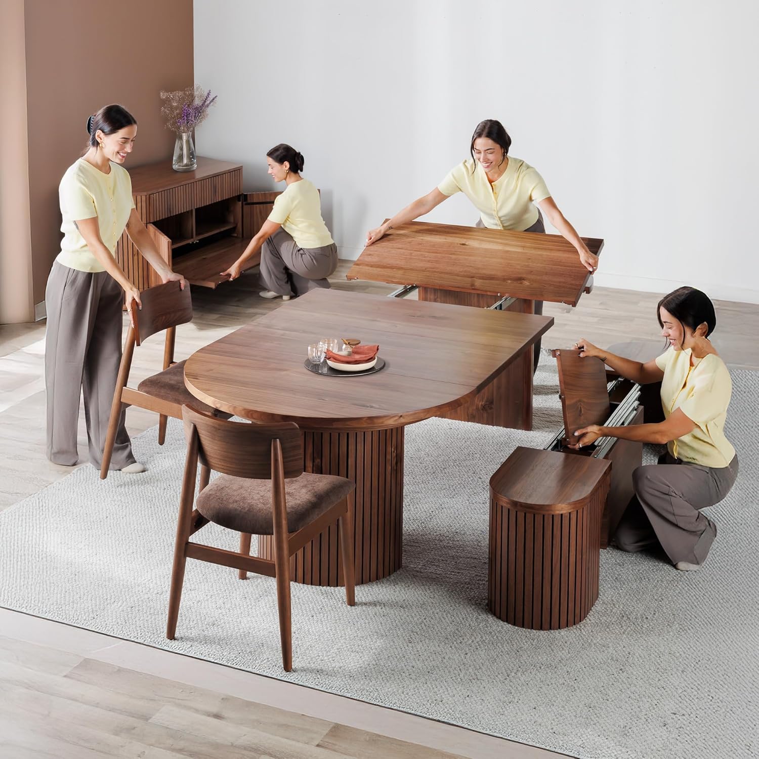 Transformer Table - Solid Wood Extendable Round Dining Table Set, Expandable Dining Table, Elegant and Functional Design, Perfect for Dining Room, Royal Brown (Table + 2 Benches)