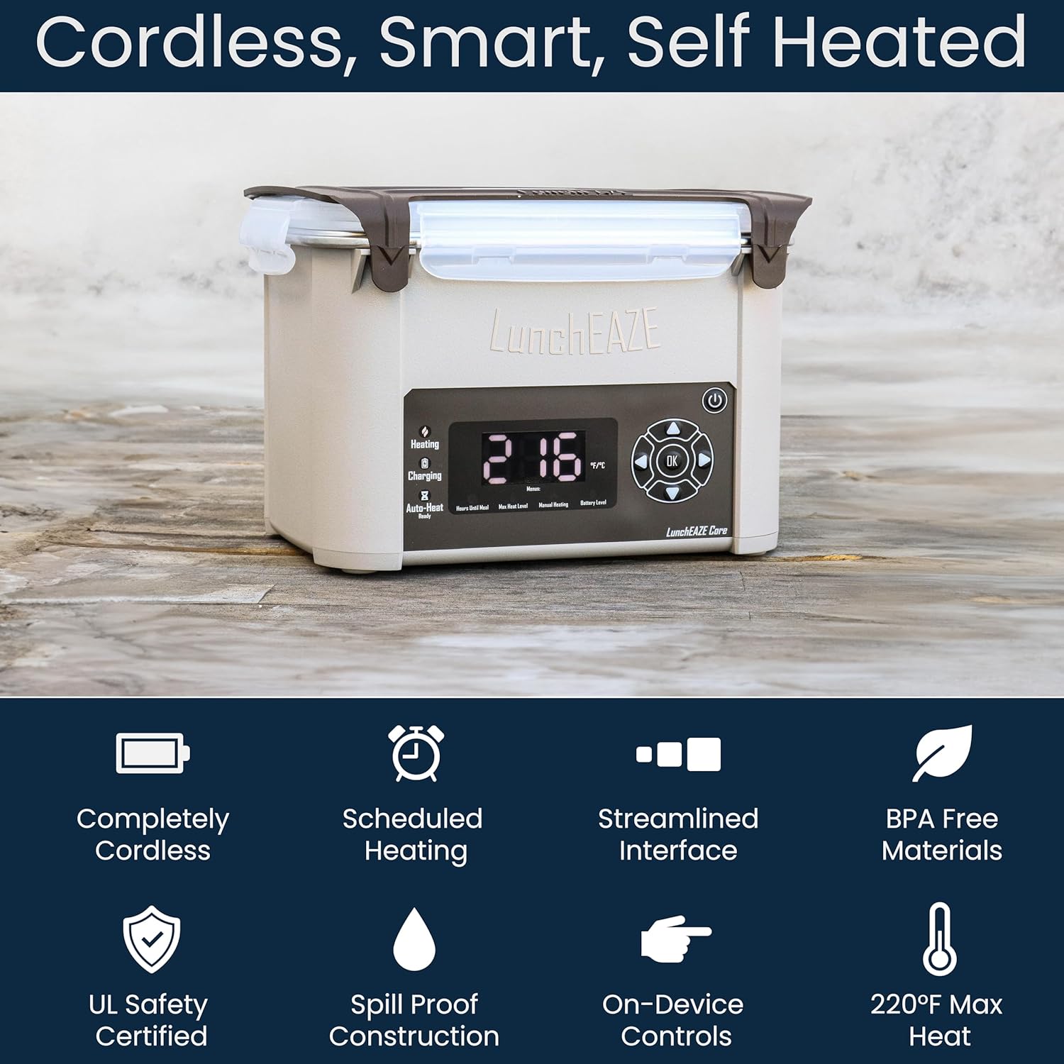 LunchEAZE Core Gen 2 Cordless Heated & Electric Lunch Box – Battery-Powered, 4-Cup Capacity, 220°F, Automatic Scheduled Heating for Hot Meals Anywhere