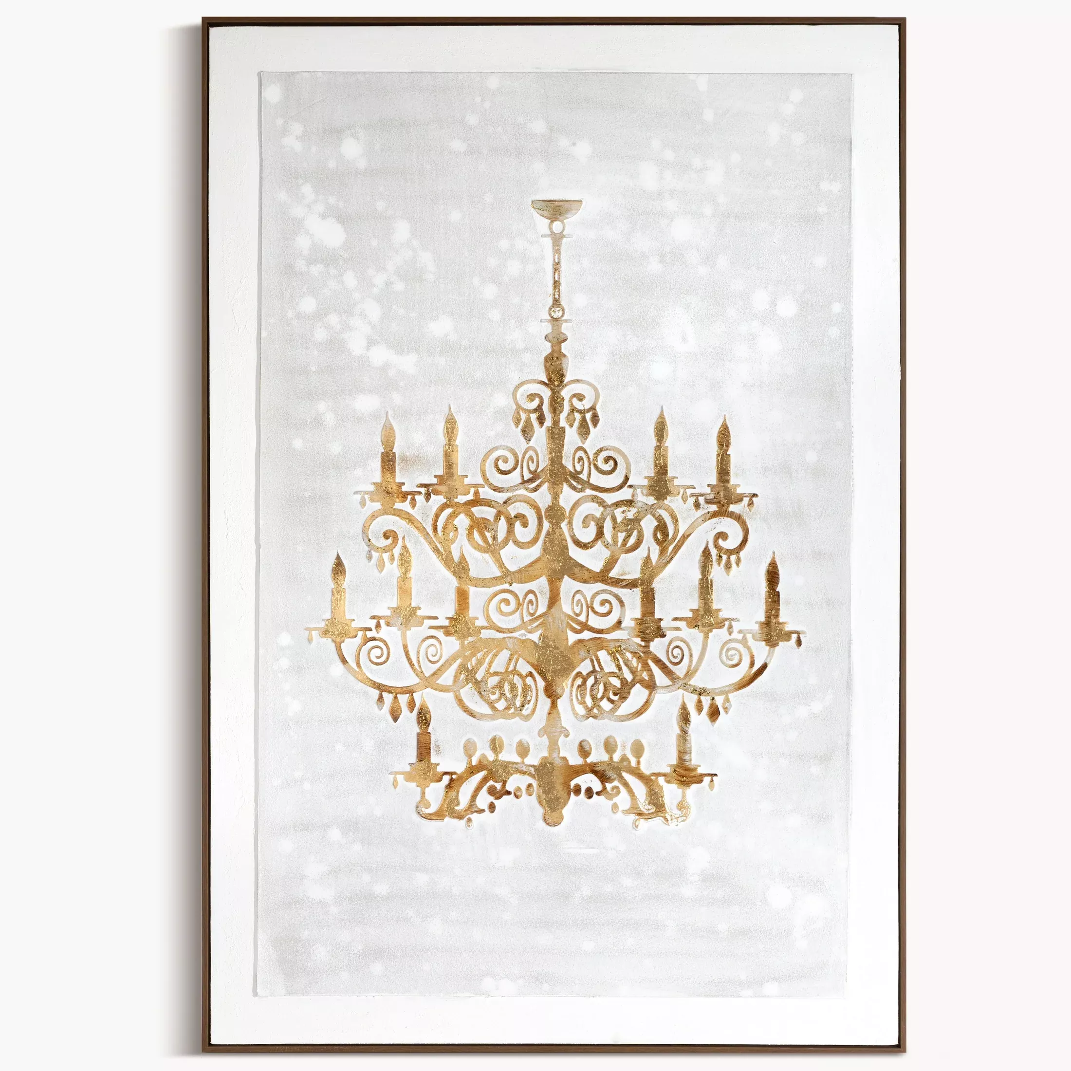 Obraz kremowo, brązowy z motywem dekoracyjnegożyrandola, ręcznie malowany na płótnie oprawiony w ramę 82x122 cm