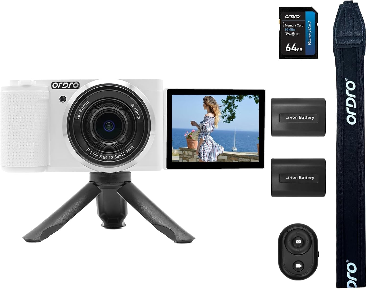 ORDRO G930 Digital Camera 16-80mm  F1.96-3.64  Wide Angle Cameras for Content Creators Vloggers and Photography with 2 Batteries  Small Tripod  64G Card