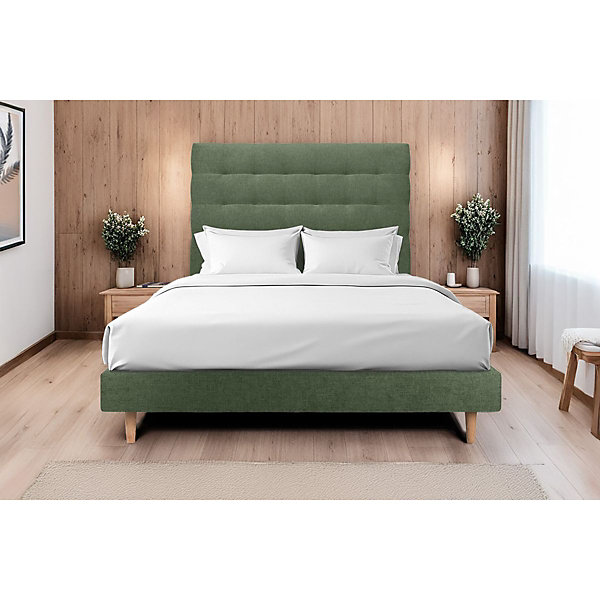 Lit avec tête de lit capitonnée tissu et sommier kit- Lit en bois massif