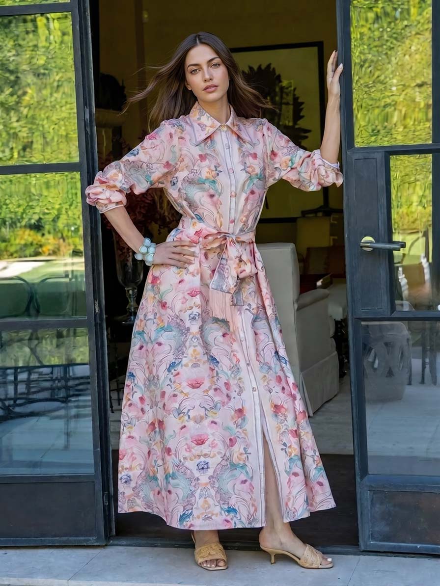 Exquisite Pastel Print Tie-Front Shirt Maxi Dress