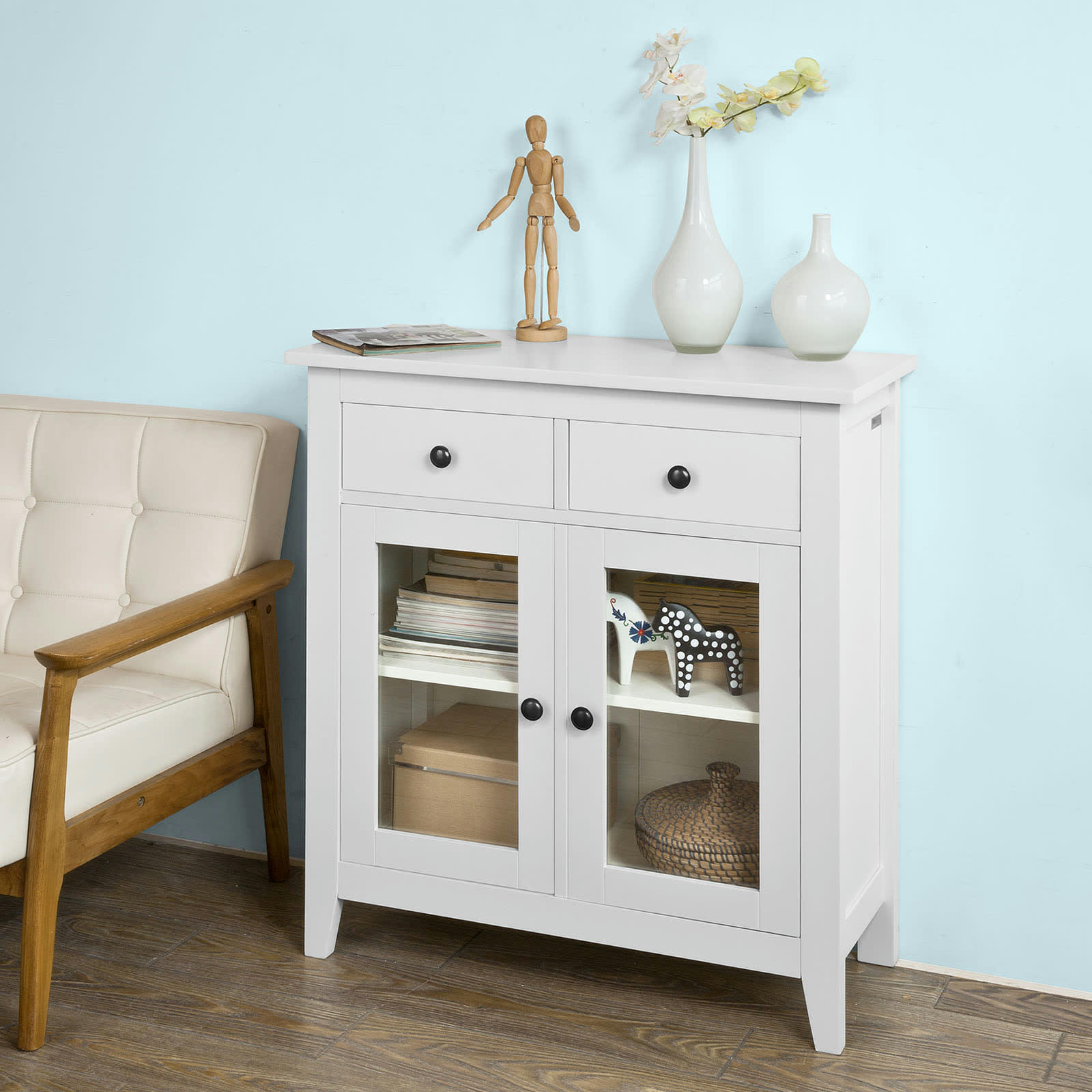 - Buffet de rangement 2 tiroirs 2 portes effet bois blanc