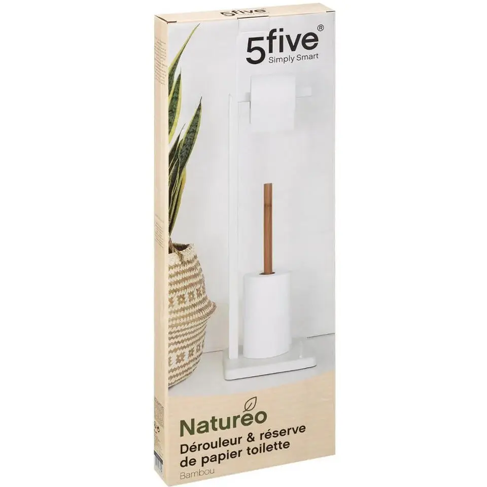 5five Toiletrolhouder - met reservoir - wit -metaal-bamboe - 64cm