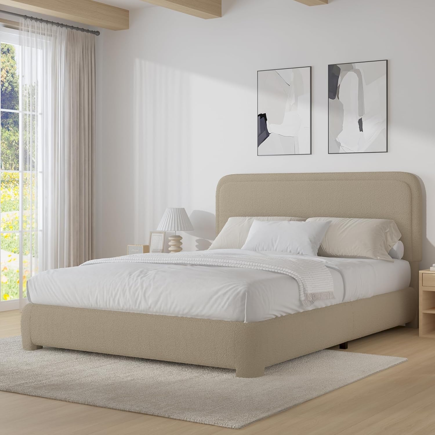 BarnFurin Queen Bed Frame with Headboard, Boucle Upholstered Platform Bed Frame, Luxurious Soft Rounded Corners, No Box Spring Required, Non-Slip and Noise-Free, Easy Assembly, Beige