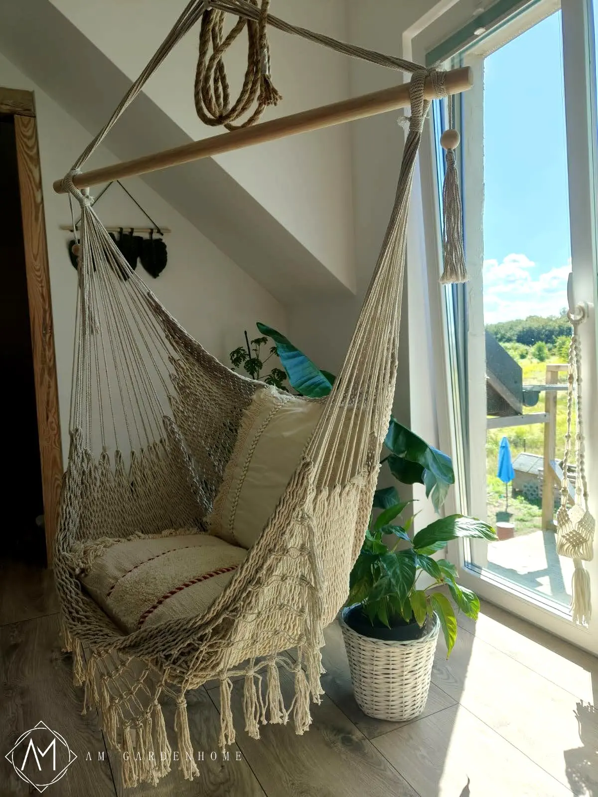 Krzesło brazylijskie, plecione, bawełniane Boho-Makrama