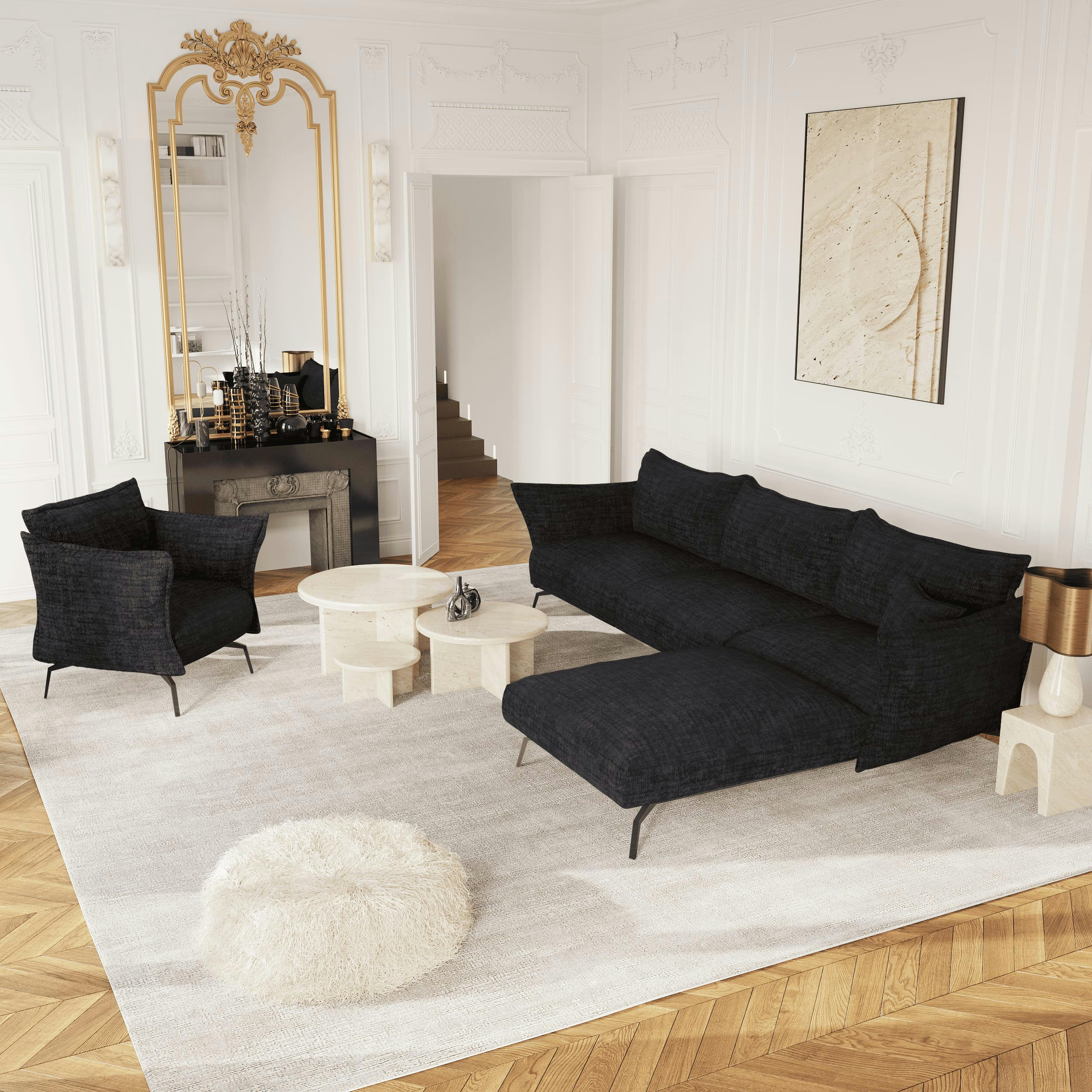 LENNY - Canapé d'angle droit velours texturé anthracite