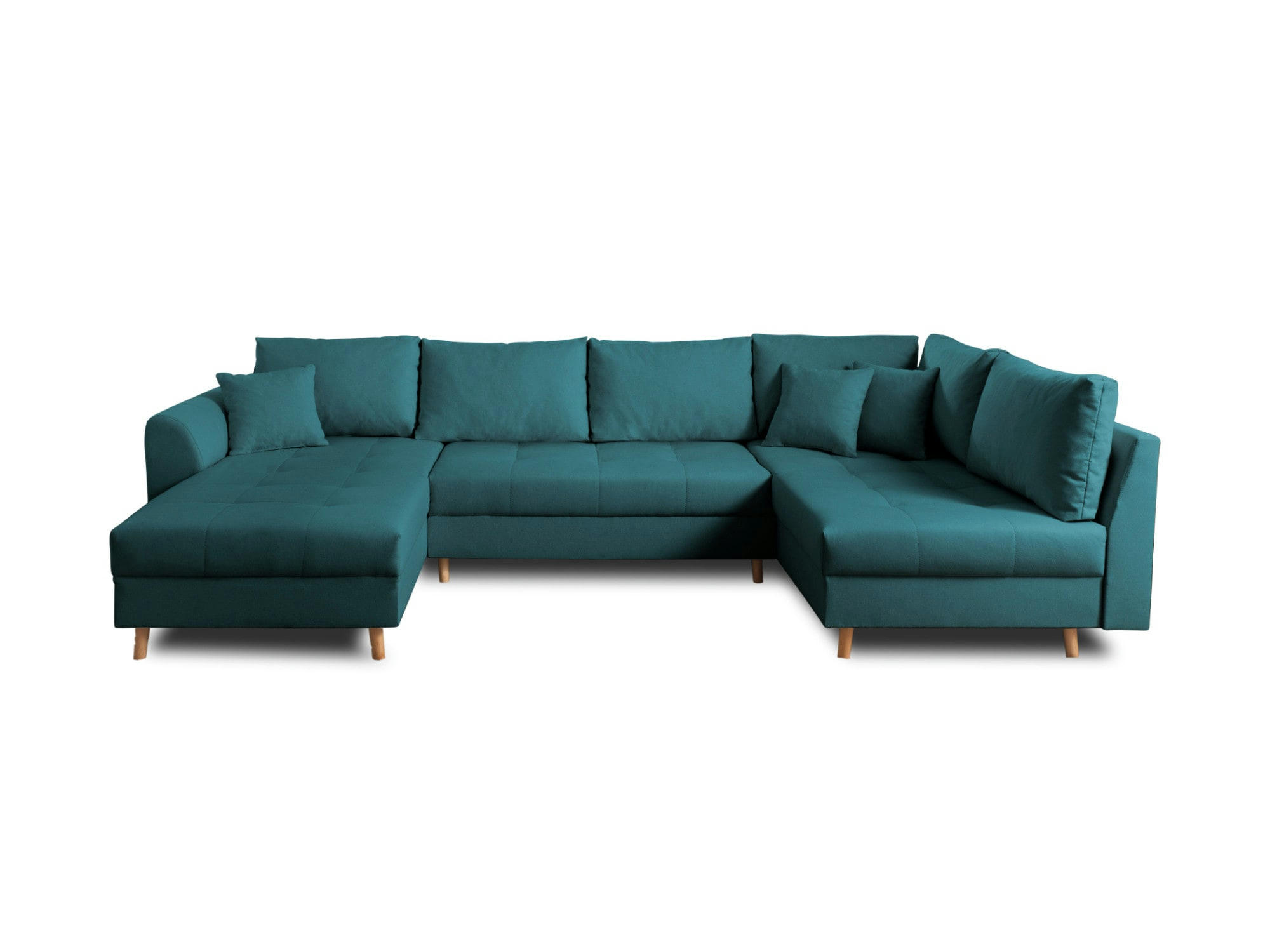 RUNE - Canapé panoramique 7 places angle droit en tissu bleu canard