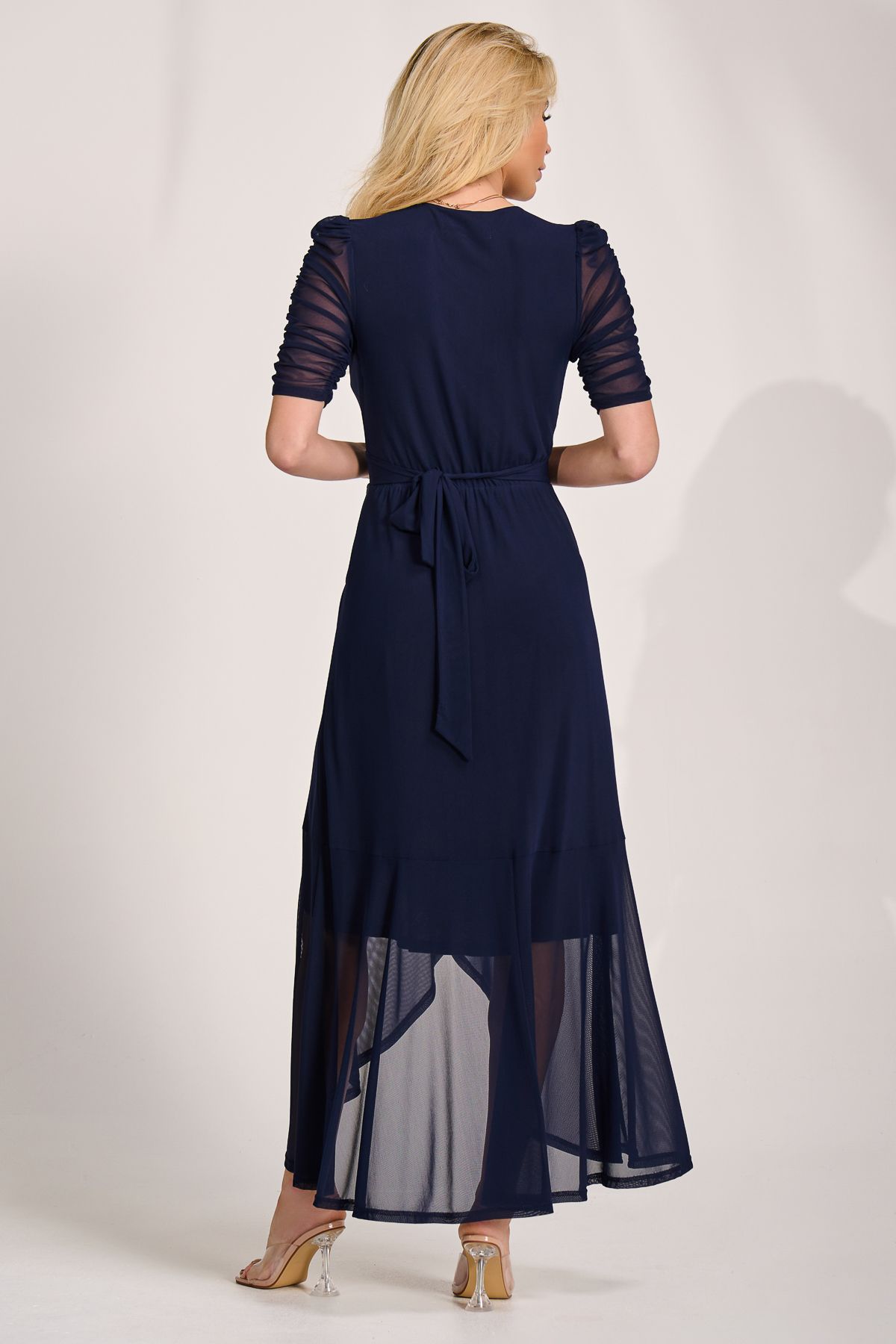 Jolie Moi Ruched Sleeve Mesh Maxi Dress