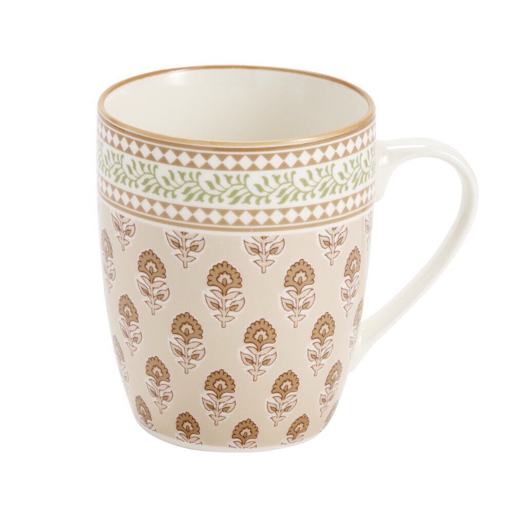 Mug céramique motif floral Indie Ø9,5xH8cm (2 modèles beige ou vert)
