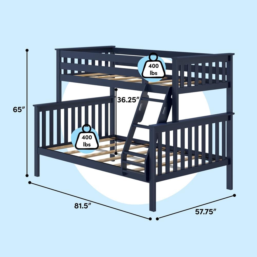 Max & Lily Bunk Bed Twin Over Full Size with Ladder, Solid Wood Platform Bed Frame with Ladder for Kids, 14 Safety Guardrails, Easy Assembly, No Box Spring Needed, Blue