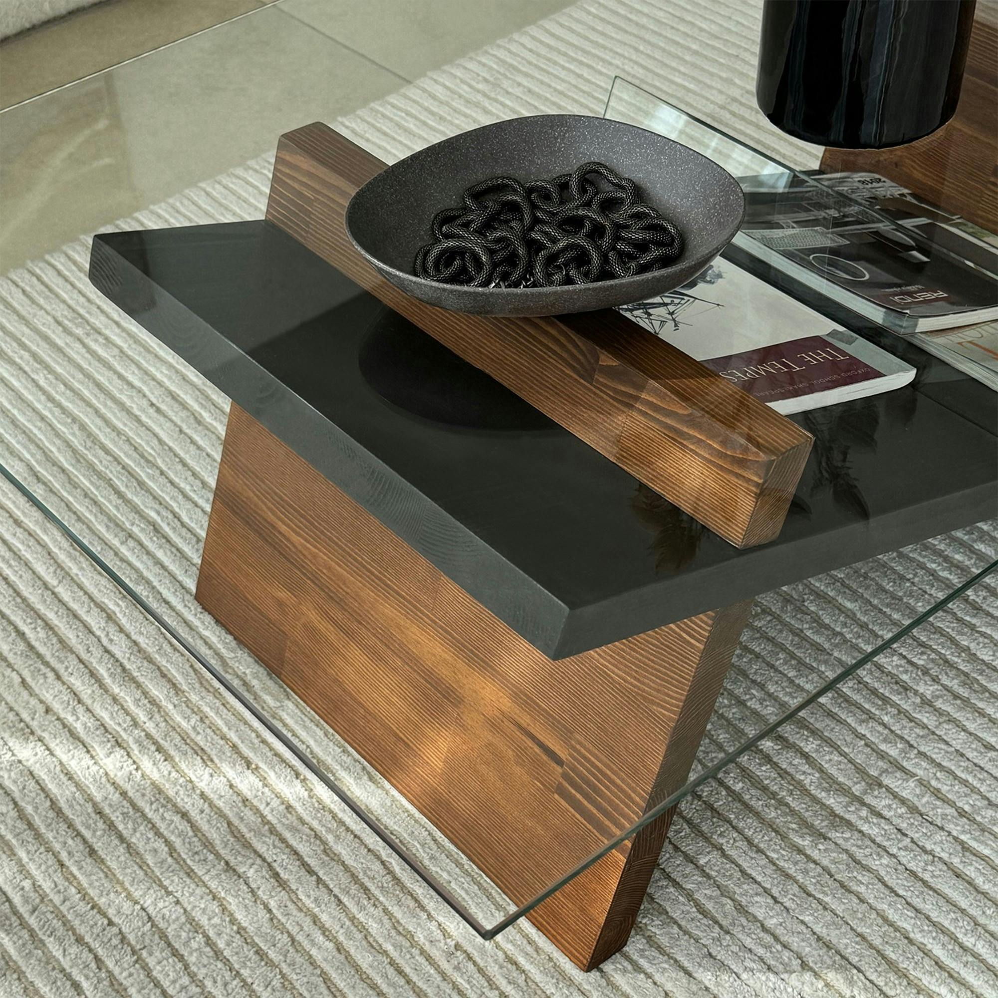 Table basse verre et bois brun - fonction porte-revues LHASA