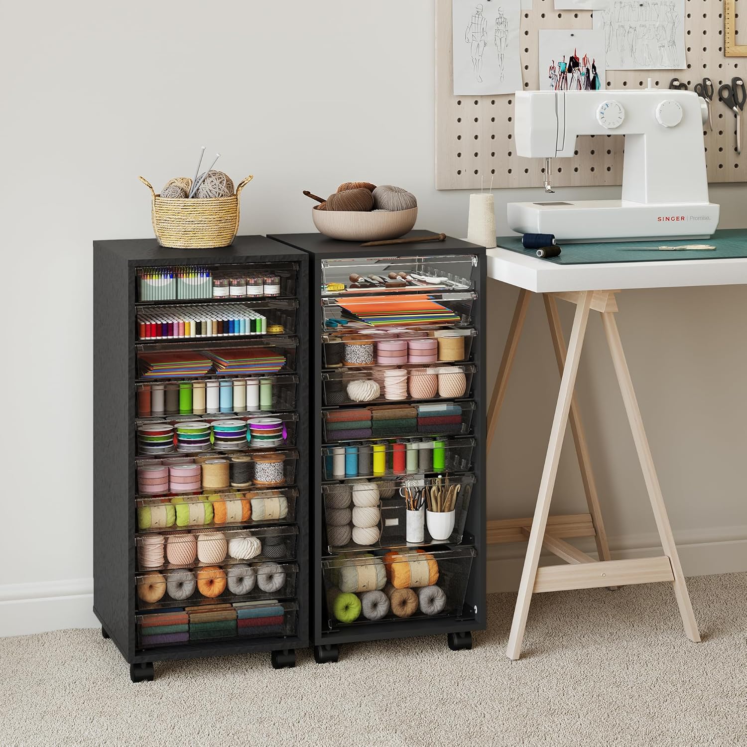 WOPITUES Storage Drawer Cart, Mobile Storage Cabinet, Makeup Storage with 10 Large Clear Drawers, Utility Wooden Rolling Cart on Wheels, for Cosmetic, Art Craft, Office Supplies, Toy, Black